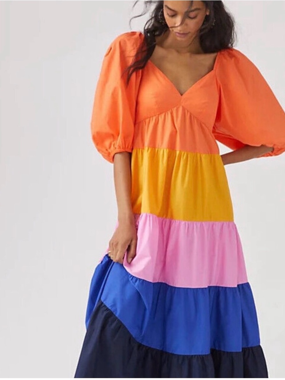 FARM Rio Multi-Color Puff Sleeve Tiered Maxi Dress — Orange, Yellow, Pink & Blue